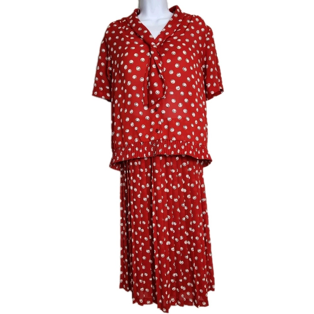 Vintage Alfred Dunner 2pc Skirt Set Red Polka Dot Tie Blouse Petite 12 90s Retro